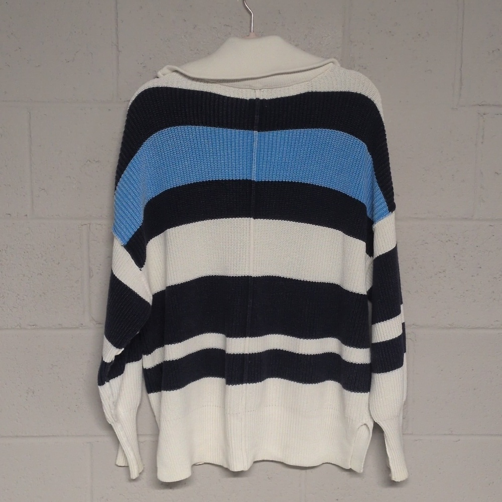 Aerie 1/4 Zip Beyond Sweater, Oversized Fit Blue Stripe Cotton Ribbed Sweater XS - Picture 5 of 7